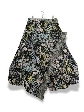Calvin Klein Floral Midi Skirt Size 2 Black Colorful Ruffle Midi Faux Wrap